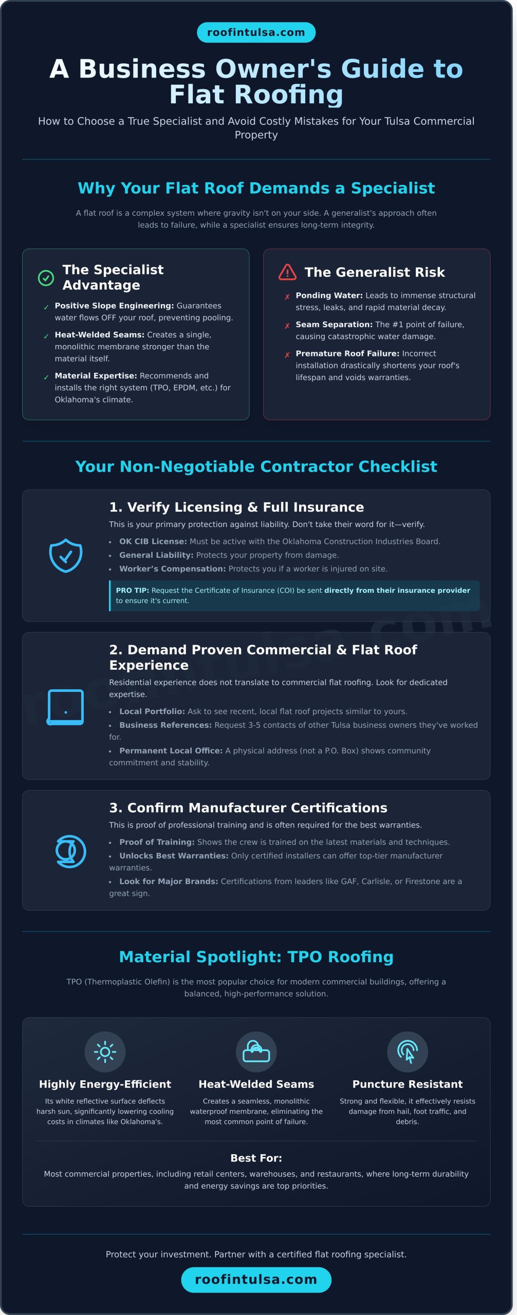 Hiring Flat Roofing Contractors in Tulsa: A Business Owner’s Guide - Infographic